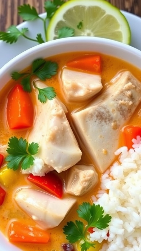 A bowl of Brazilian fish stew (Moqueca) with fish, coconut milk, bell peppers, and cilantro, served with rice.